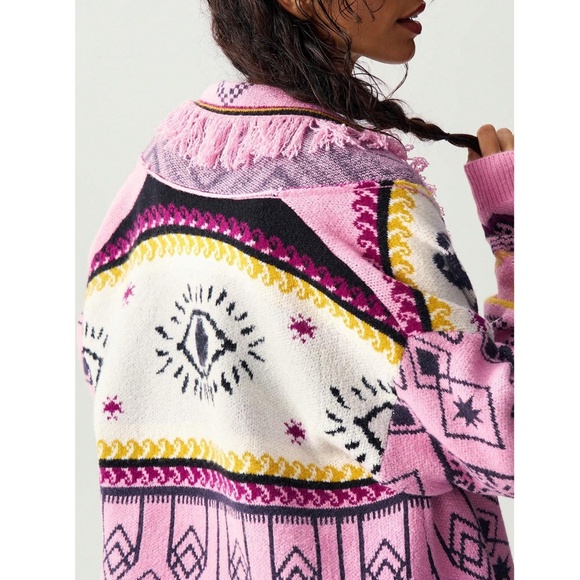 Pink Boho Open Cardigan Tassel, Fringe Detailed Geometric, Aztec Print - Picture 8 of 9